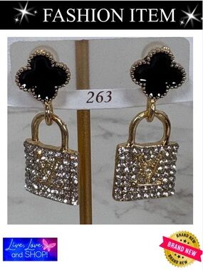 A-1DC-34: EARRINGS: Black & Gold Lettering w/Rhinestones, NWOT